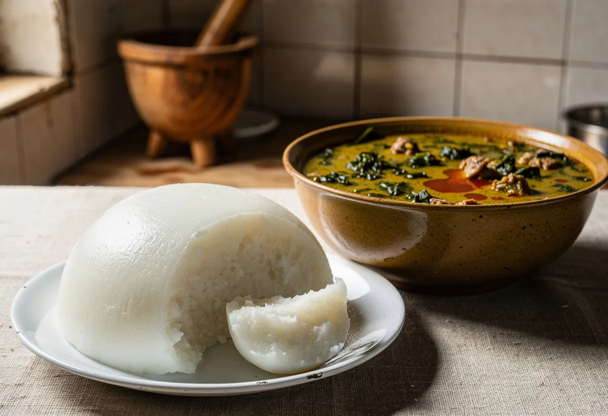 Smooth, snow-white mound of pounded yam beside a bowl of green egusi soup