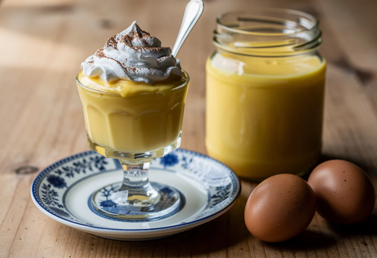 Small glass of thick, bright yellow advocaat topped with whipped cream and a teaspoon