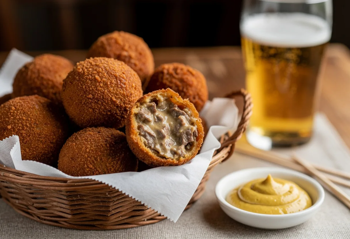 Basket of round, golden, crumb-coated bitterballen with one broken open to show creamy beef ragout, and a dish of mustard