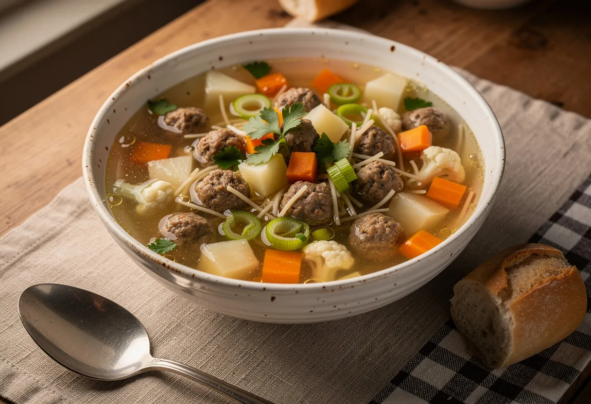 Bowl of clear golden broth with small meatballs, finely cut vegetables and thin vermicelli