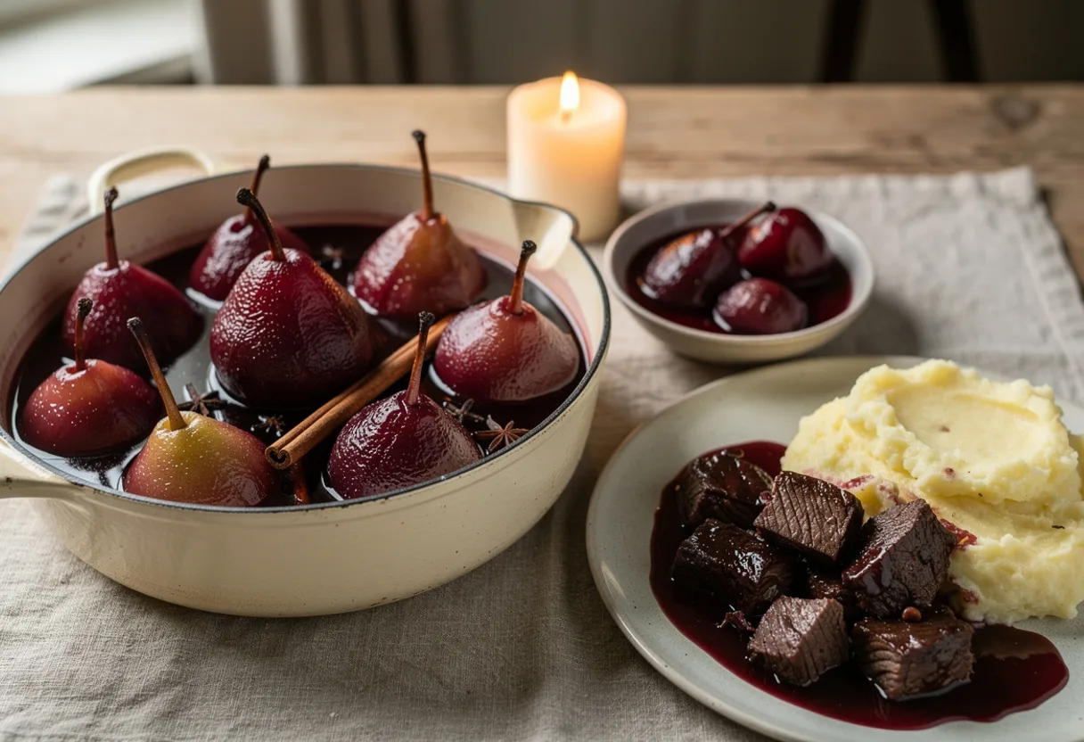 Pan of whole peeled pears stewed deep ruby red in glossy spiced red wine syrup with cinnamon