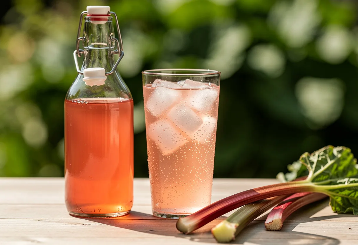 Glass bottle of clear pink rhubarb cordial beside a tall glass of diluted rhubarb drink with ice