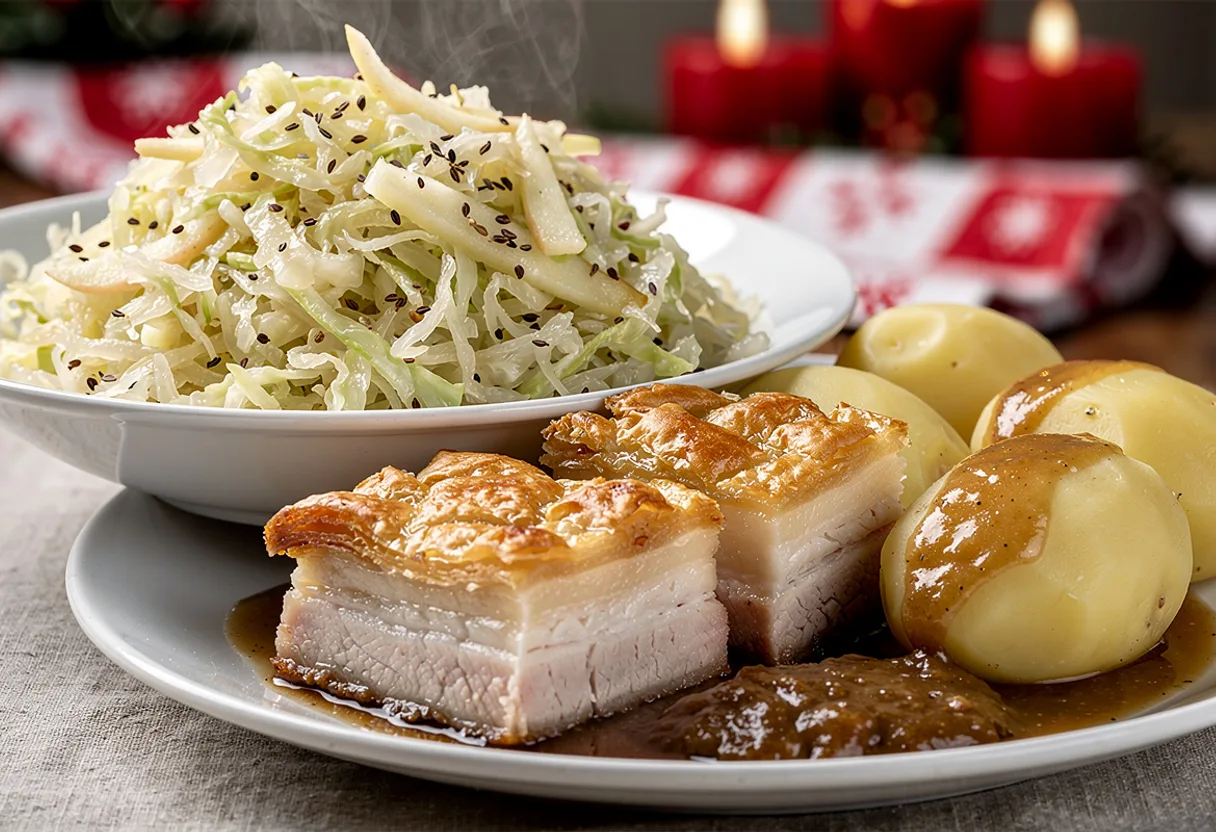 A bowl of pale, finely shredded sweet and sour cabbage with caraway seeds beside slices of crackling roast pork belly