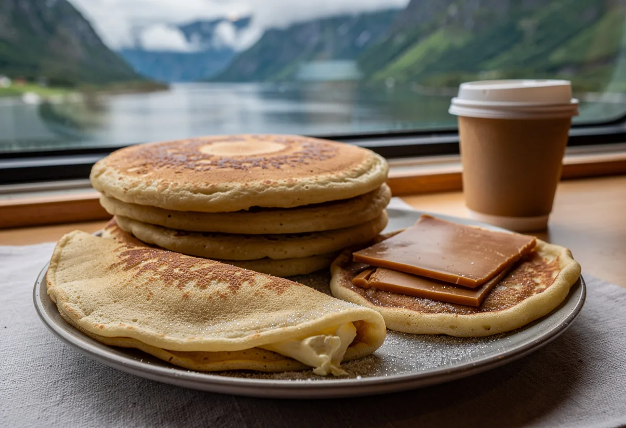 Thick golden Norwegian svele pancakes, one spread with butter and sugar and folded in half, another topped with slices of brown cheese