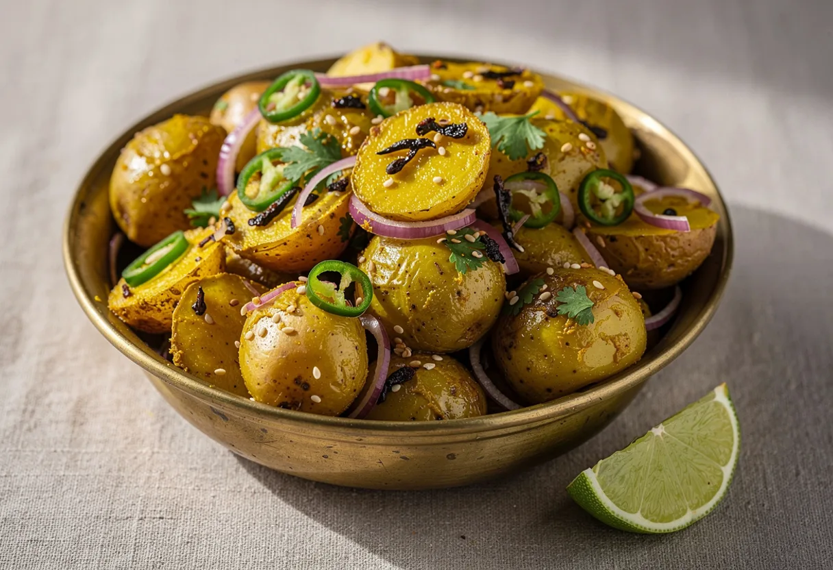 Chunks of potato glossy with mustard oil and turmeric, with red onion, green chilli, coriander and dark fenugreek seeds
