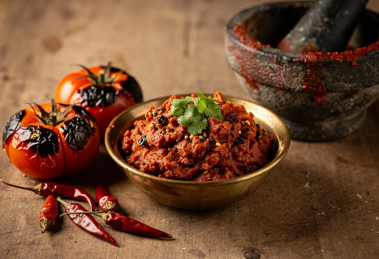 A small bowl of coarse, smoky red roasted tomato relish flecked with chilli and coriander