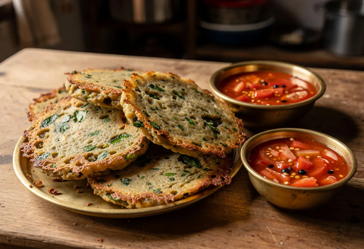 Round golden lentil patties with crisp lacy edges on a plate with tomato achar