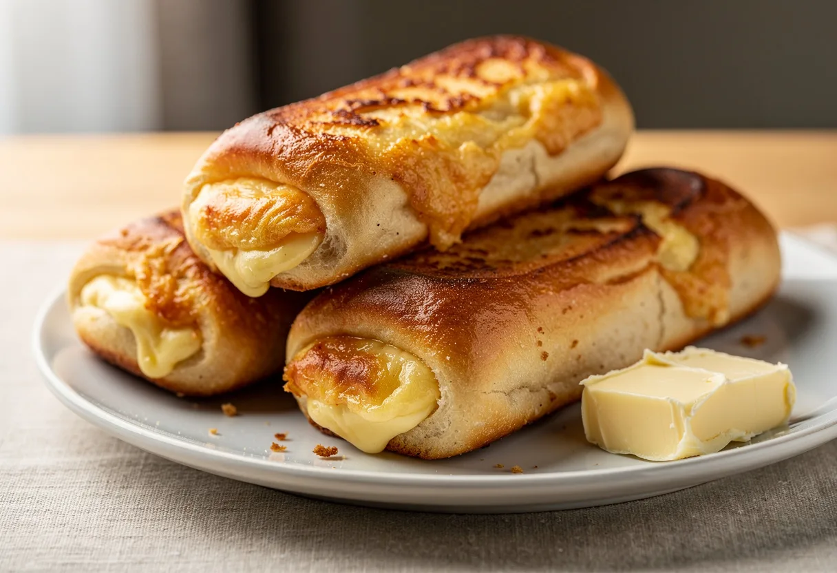 Golden toasted cheese rolls on a plate with butter