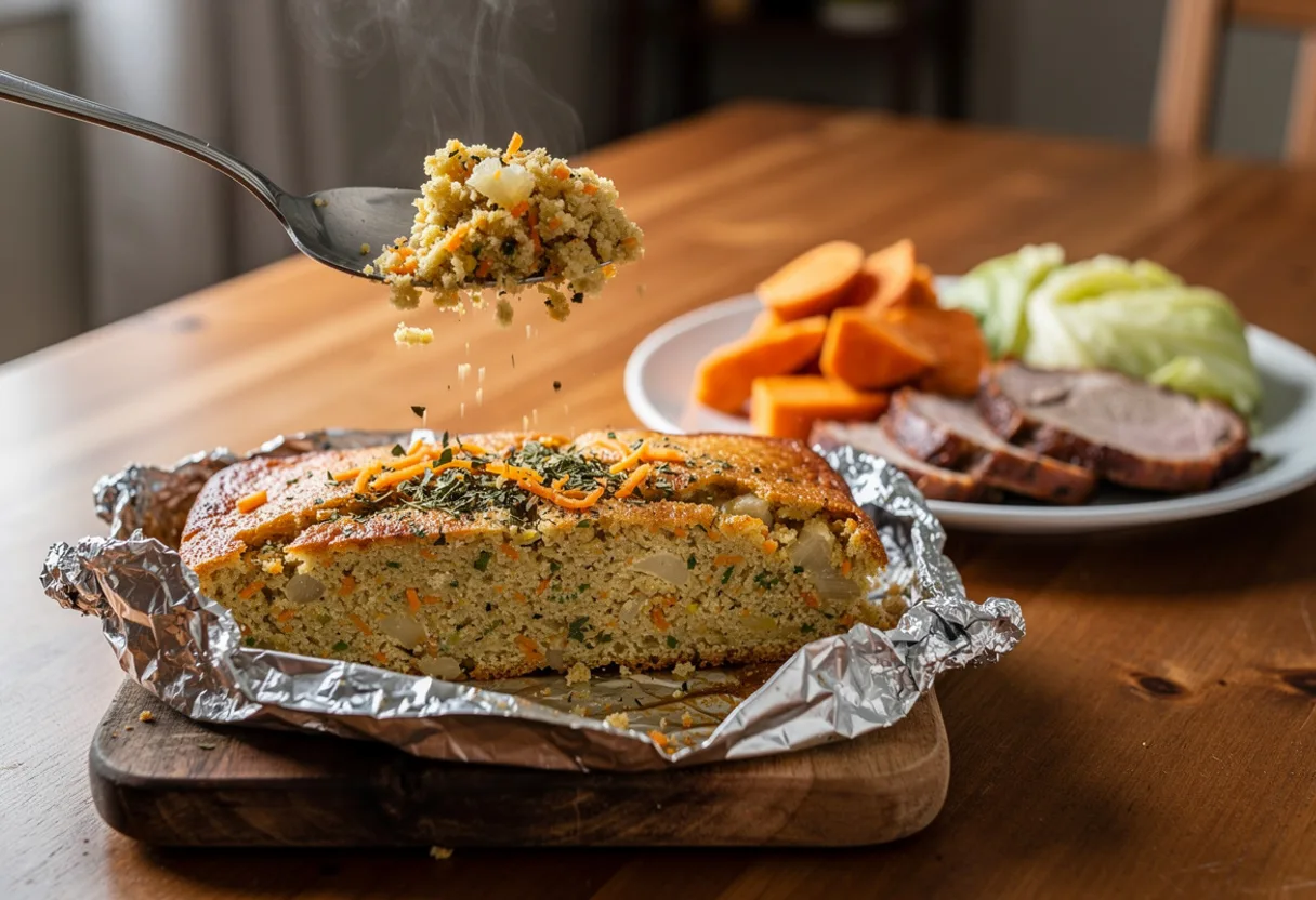 An opened foil parcel of moist, herby bread stuffing flecked with carrot and onion, golden at the edges