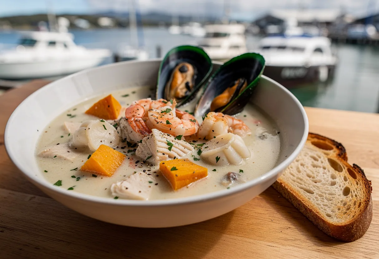 A bowl of thick creamy seafood chowder with green-lipped mussels, prawns and chunks of fish and kumara, with crusty bread