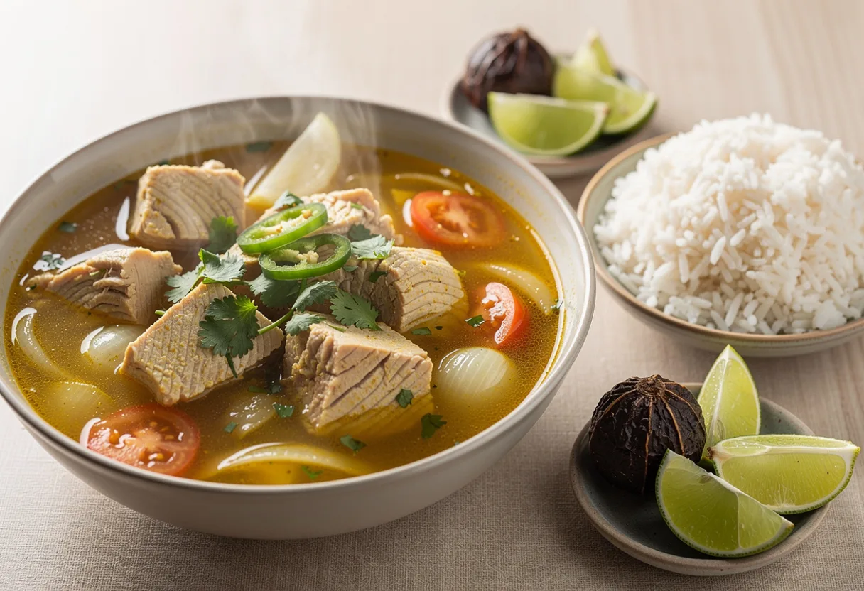 A bowl of clear golden turmeric broth with chunks of tuna, tomato, a whole dried lime, coriander and lime wedges