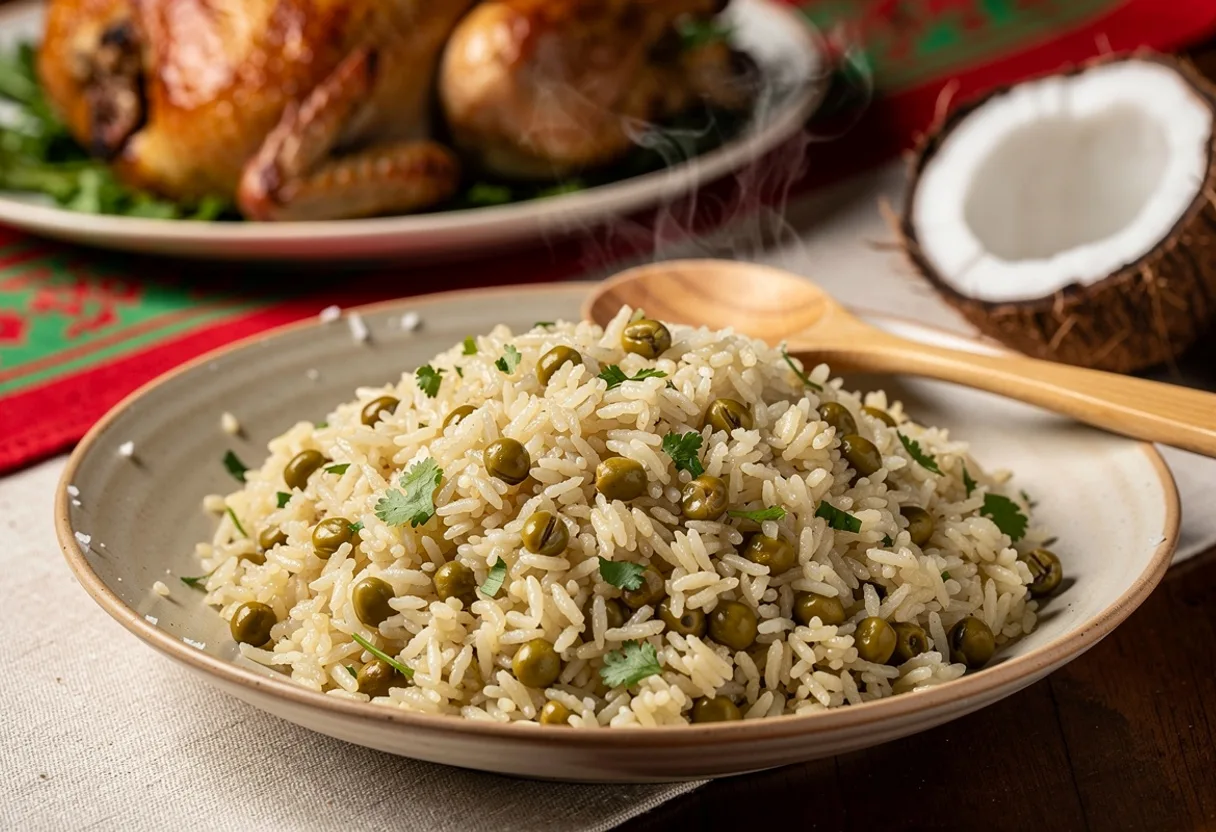 A bowl of fluffy coconut rice studded with green pigeon peas and flecks of culantro
