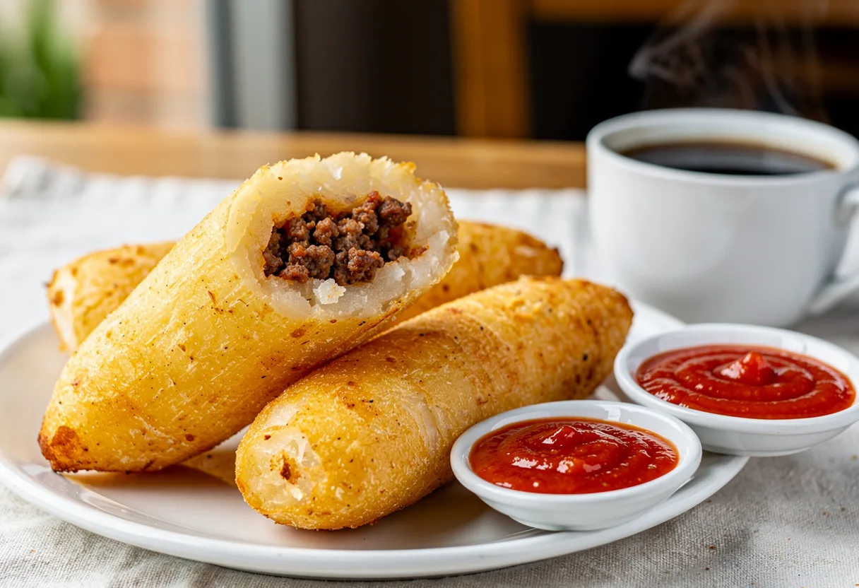 Golden fried torpedo-shaped yuca fritters, one cut open to show seasoned ground beef inside