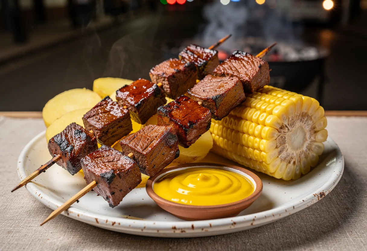 Beef heart skewers with charred edges beside boiled potato slices and corn with a dish of yellow ají sauce