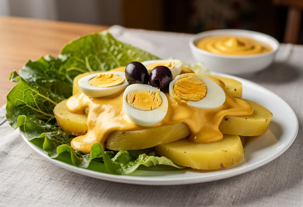 Thick slices of boiled yellow potato on lettuce under a smooth pale yellow cheese sauce, with egg quarters and black olives