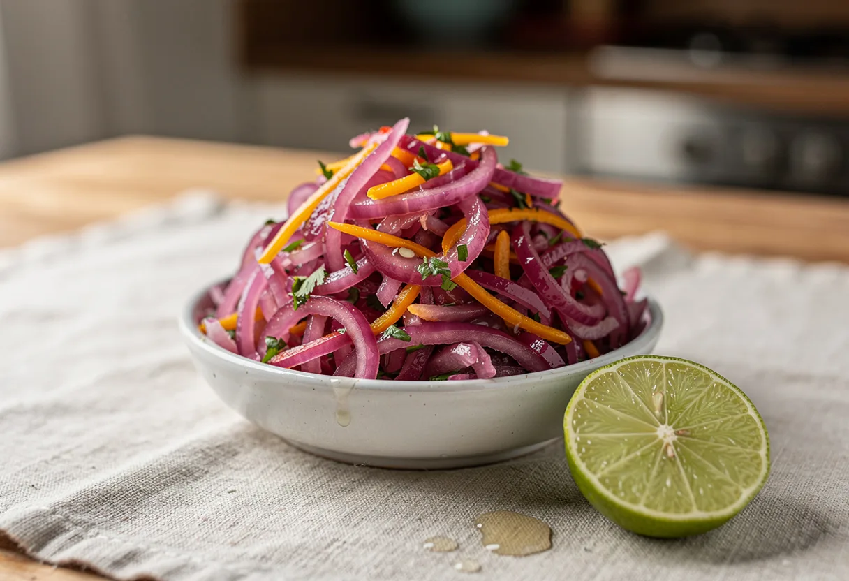 A small bowl of thinly sliced red onion with yellow chili slivers and cilantro in lime juice