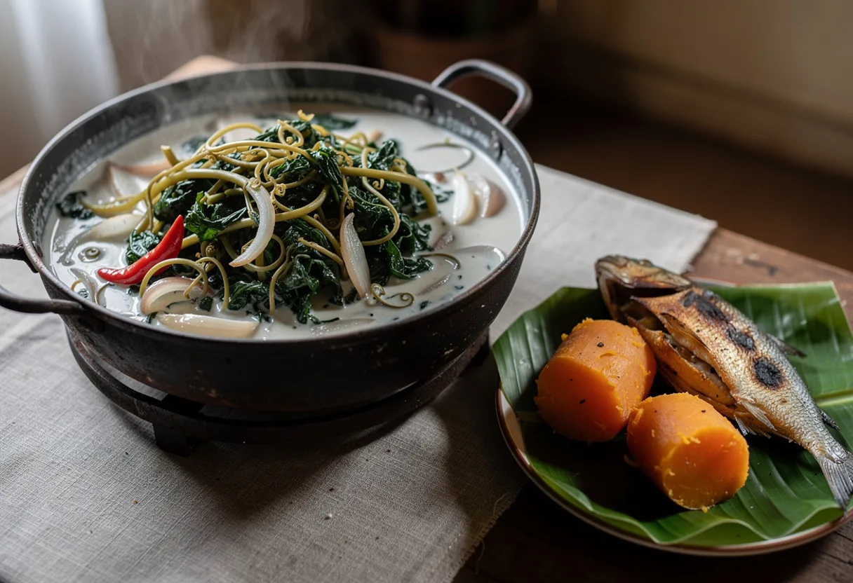 Dark green pumpkin shoots and leaves with curling tendrils in a creamy white coconut sauce in a pot