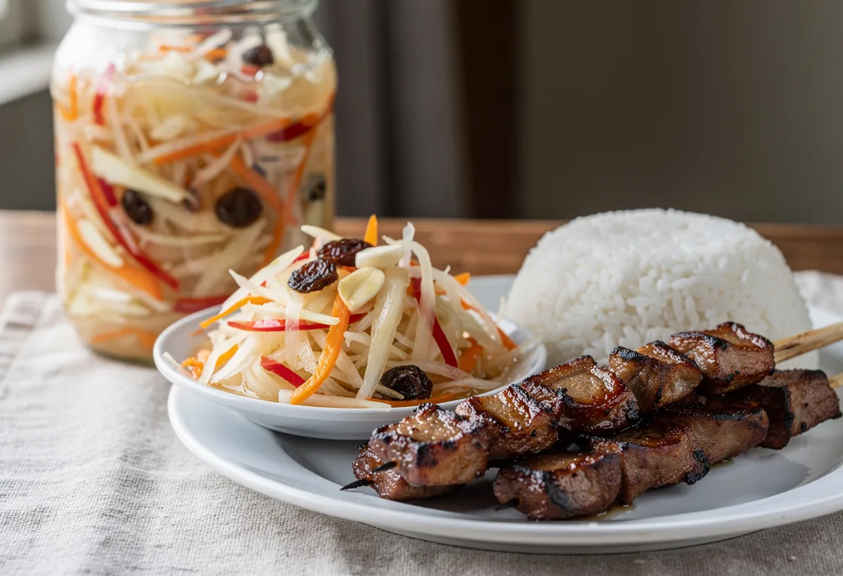 A glass jar and a small dish of shredded pale green papaya pickle with orange carrot, red pepper and raisins