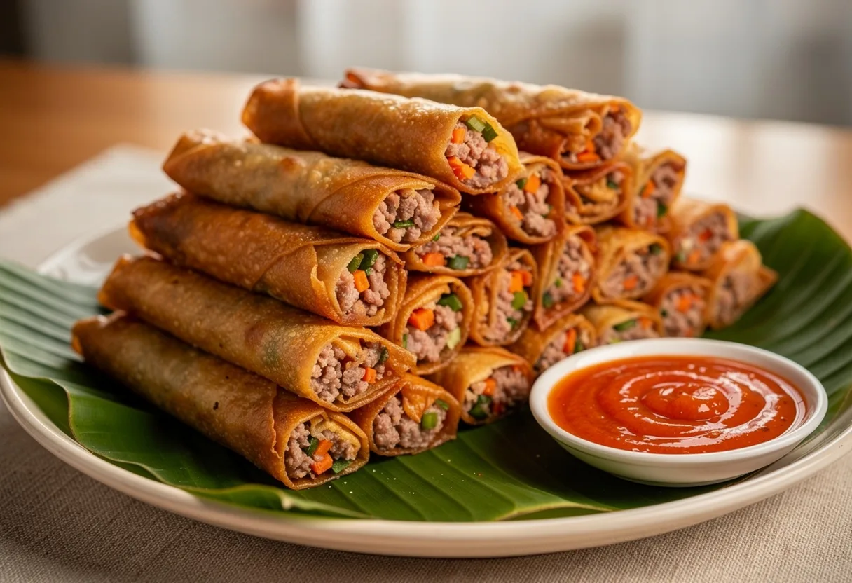 Thin, golden, crisp Filipino spring rolls cut into short lengths with a bowl of sweet chili sauce