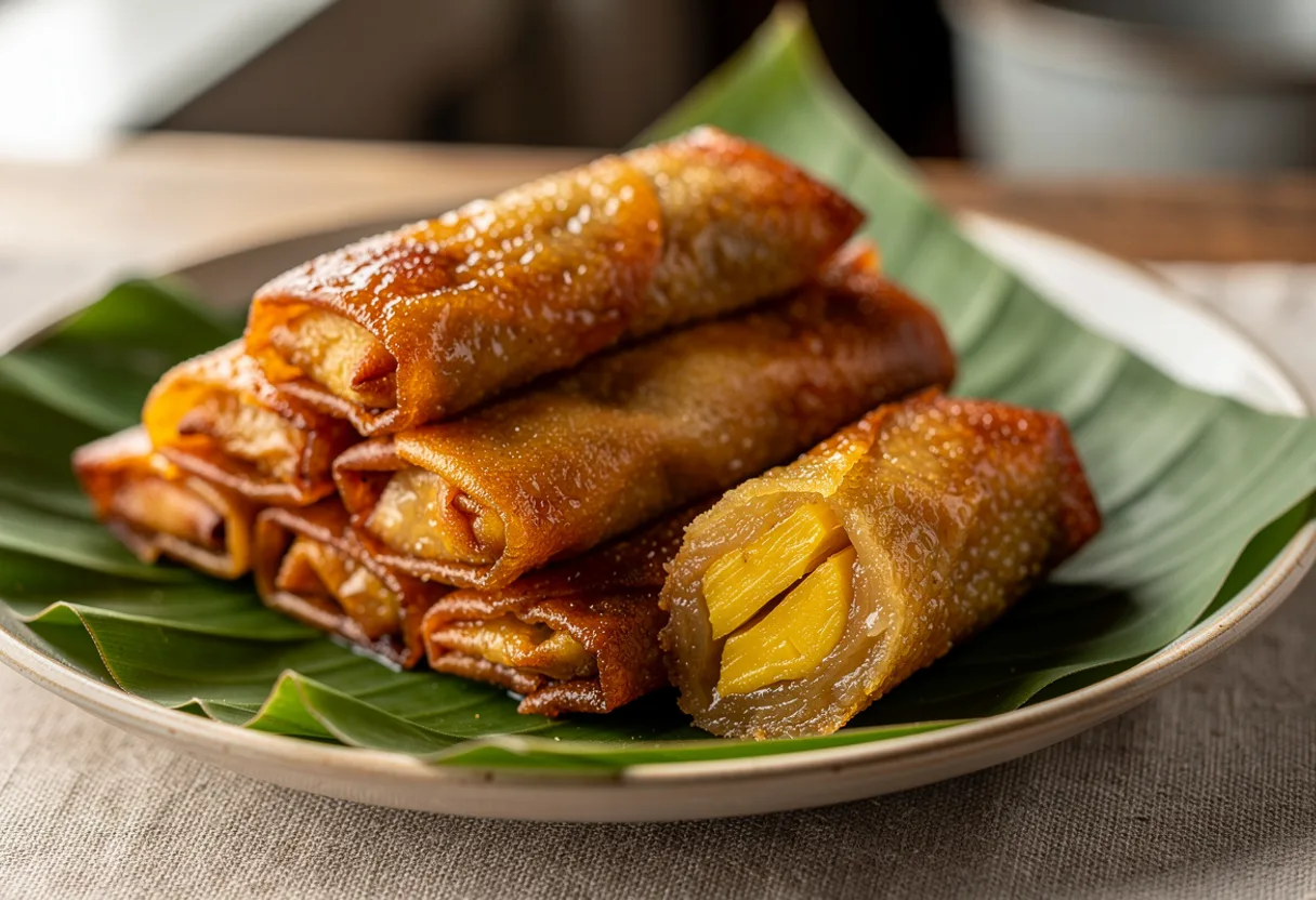 Crisp golden banana spring rolls with a glossy amber caramel coating, one cut to show banana and jackfruit