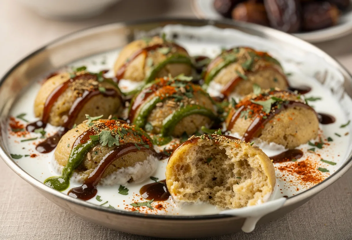 Soft lentil dumplings under creamy white yogurt, drizzled with dark tamarind and green chutney and dusted with spices