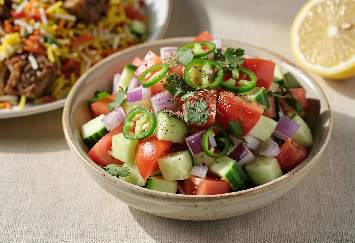 A bowl of finely diced tomato, cucumber and red onion with green chilli and chopped coriander