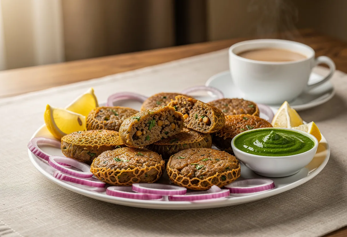 Small round golden-brown shami kebabs with onion rings, lemon wedges and green chutney