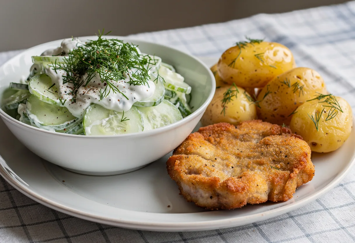 White bowl of thinly sliced pale green cucumbers in creamy sour cream dressing with chopped dill