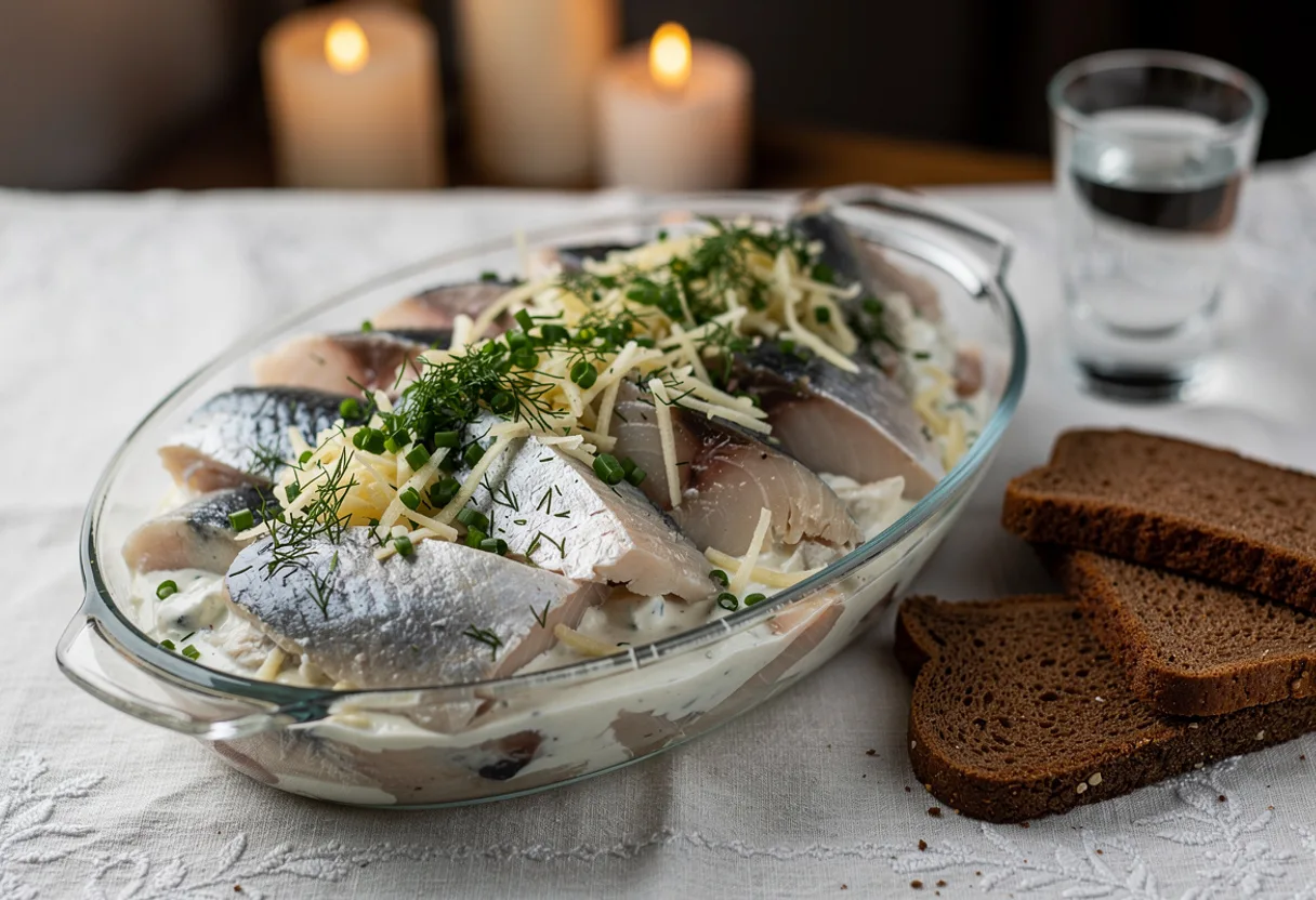 Glass dish of herring pieces in thick white sour cream with grated apple, onion, dill and chives, with rye bread