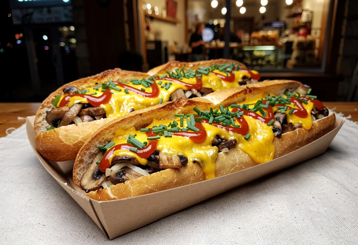 Long open-faced baguette halves topped with mushrooms and golden melted cheese, striped with ketchup and chives