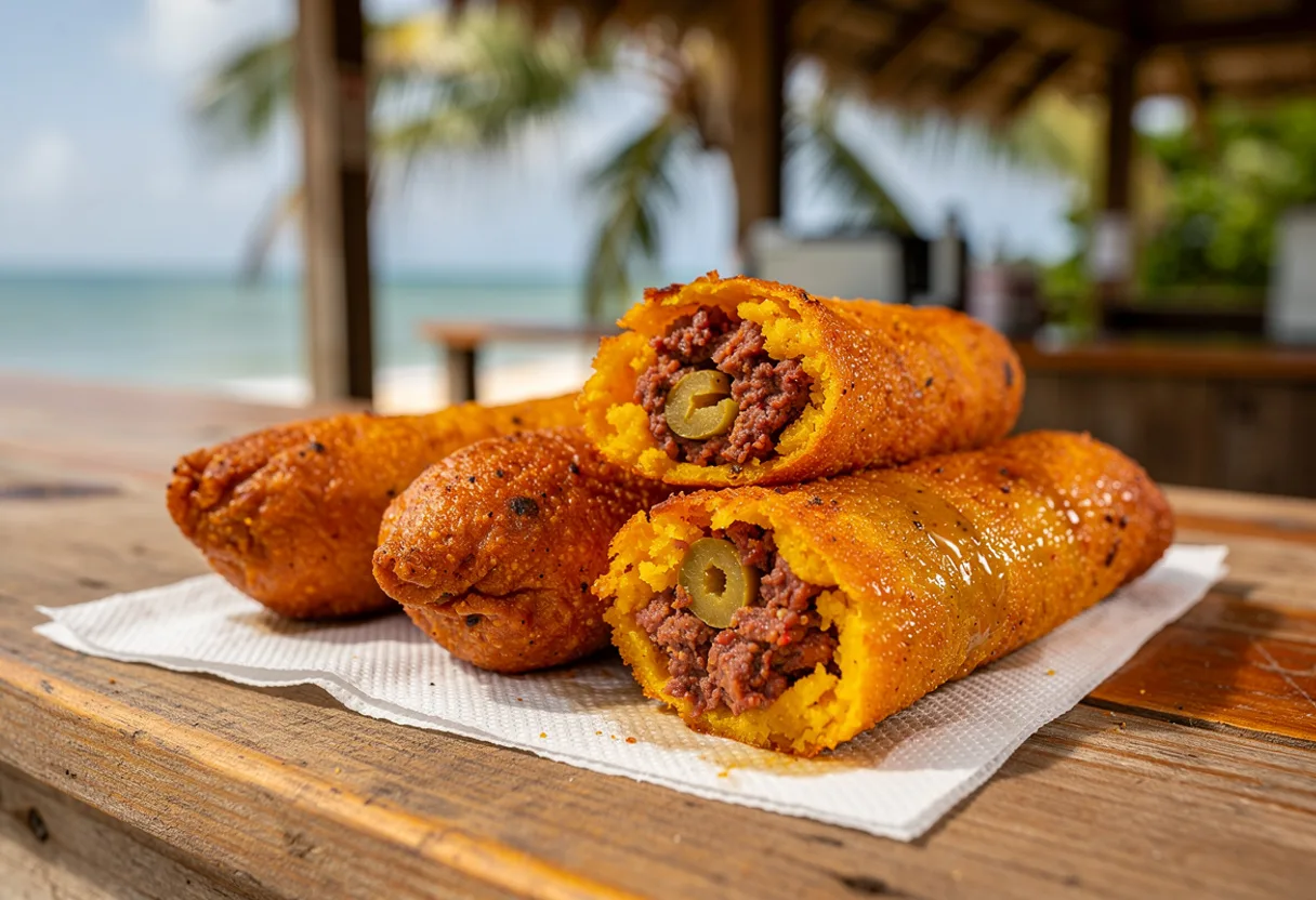 Golden-orange torpedo-shaped fritters, one broken open to show seasoned ground beef inside, on paper at a beach kiosk