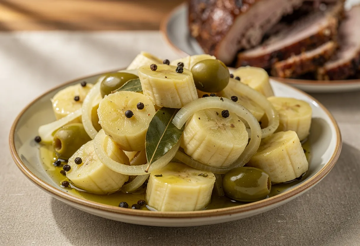 Chunks of boiled green banana in a glossy oil and vinegar marinade with onion rings, olives and bay leaves