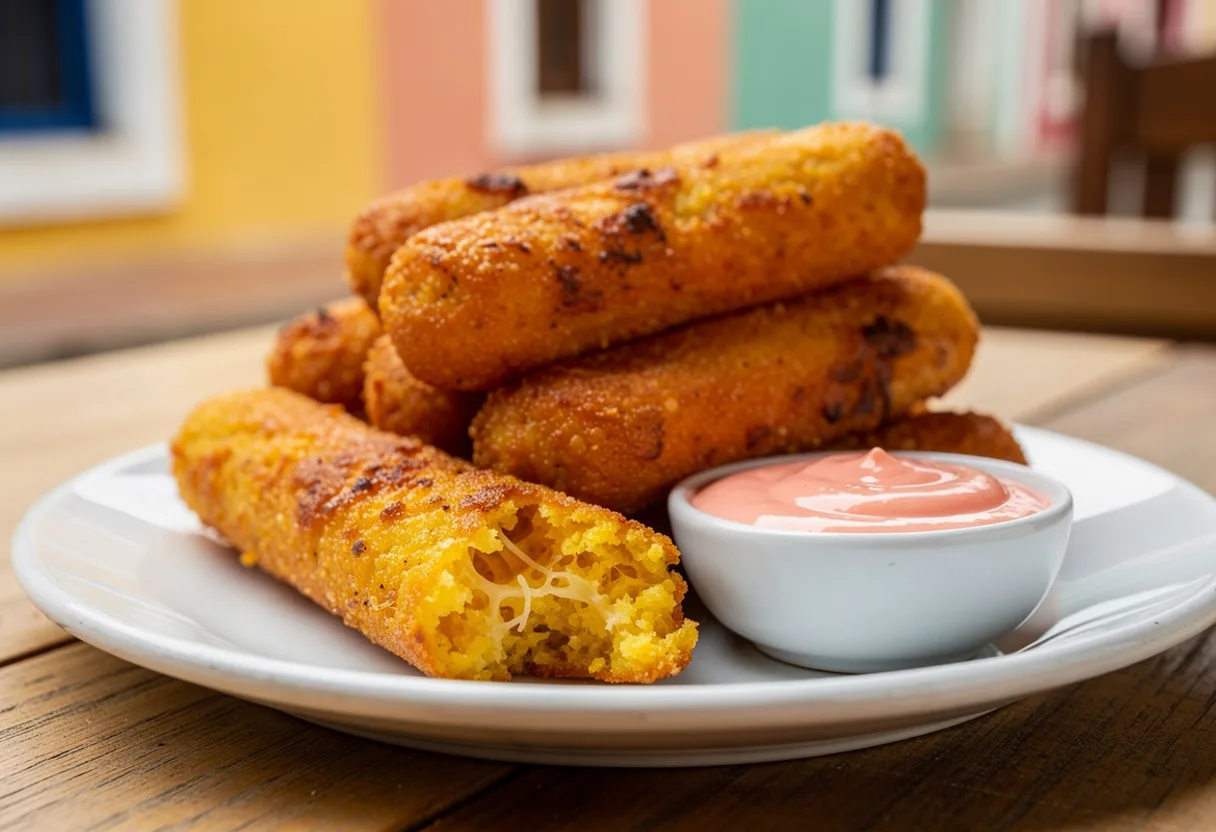 Golden fried cornmeal fingers piled on a plate beside a small bowl of pink mayoketchup