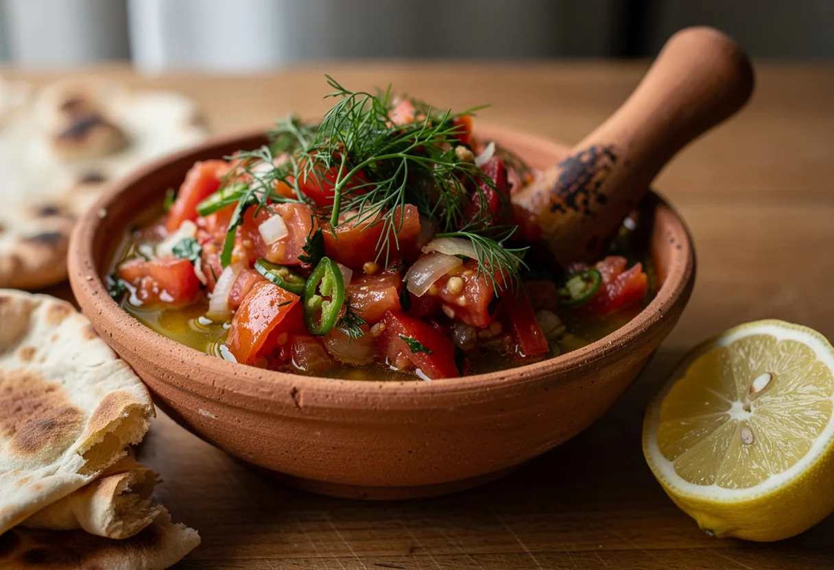 A rustic unglazed clay bowl of crushed tomato, green chili and dill salad glistening with olive oil