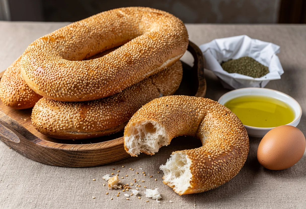 Long oval rings of golden bread thickly crusted in toasted sesame seeds, with a small dish of za'atar and olive oil