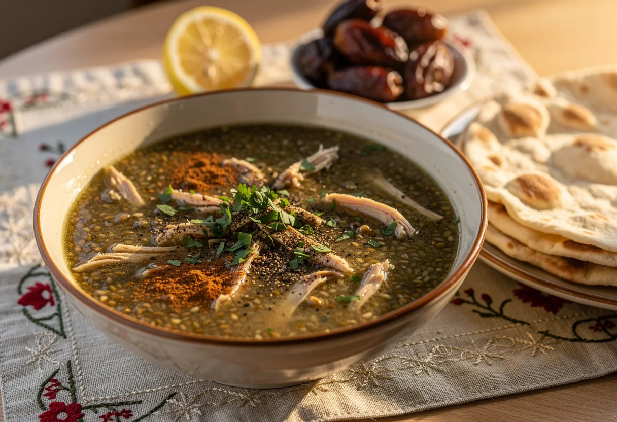 A bowl of thick, brownish-green freekeh and shredded chicken soup topped with parsley and cinnamon
