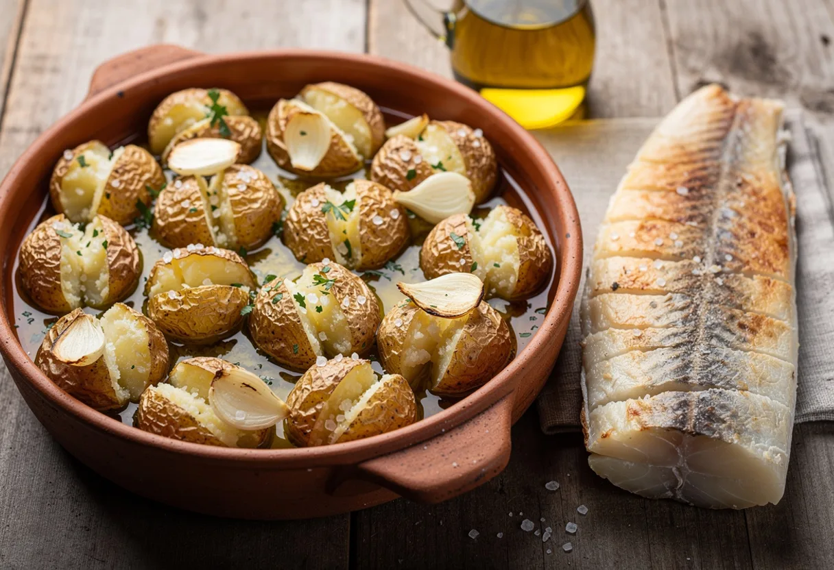Small roasted potatoes in wrinkled skins, split open by a punch and soaked in golden olive oil with sliced garlic