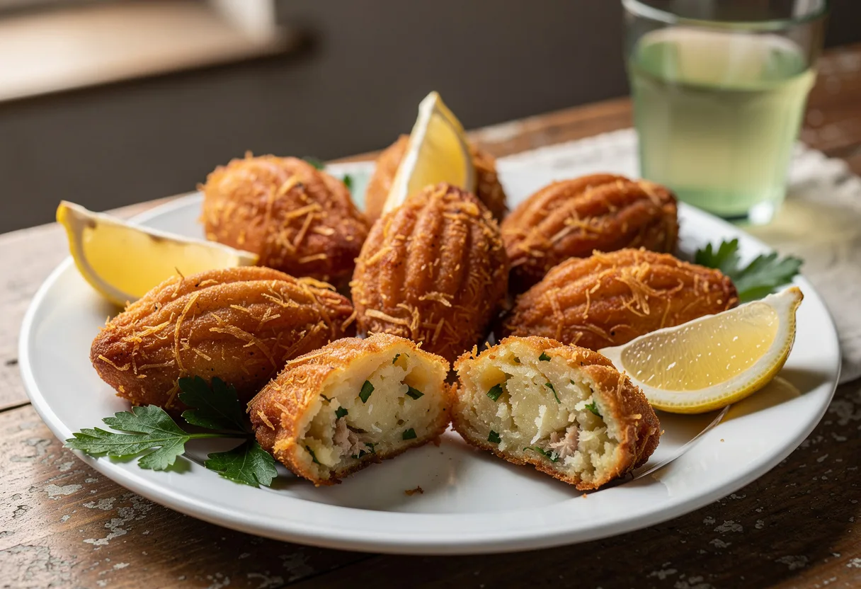 Golden oval salt cod fritters with ridged, three-sided shapes on a plate with lemon and parsley, one broken open