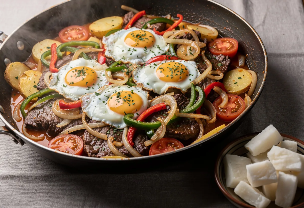 Wide pan of braised beef steaks with onion, pepper, tomato and potato slices, topped with four set eggs and parsley