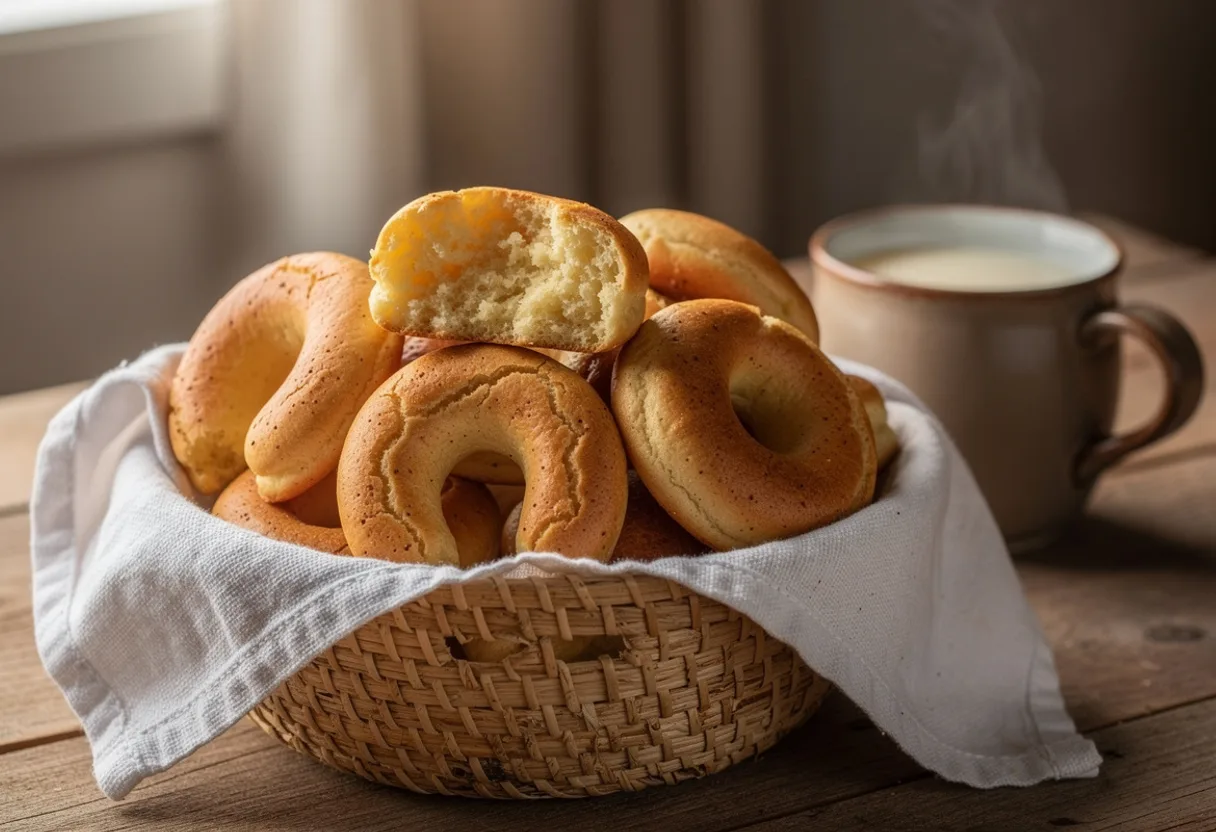 Golden rings of cassava cheese bread in a woven basket with a cloth