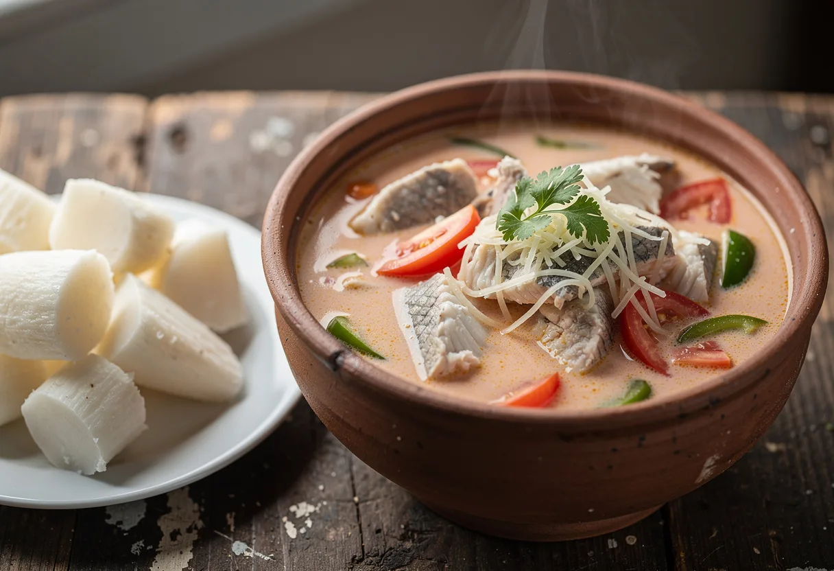 Bowl of creamy pale orange fish soup with chunks of white catfish, peppers and fresh coriander