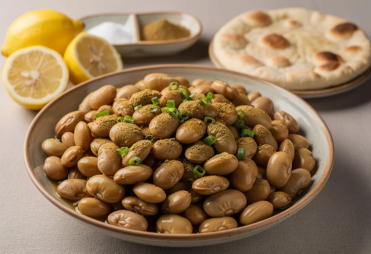 A bowl of whole, soft, brown-skinned boiled broad beans dusted with cumin, with lemon halves and chopped green chili