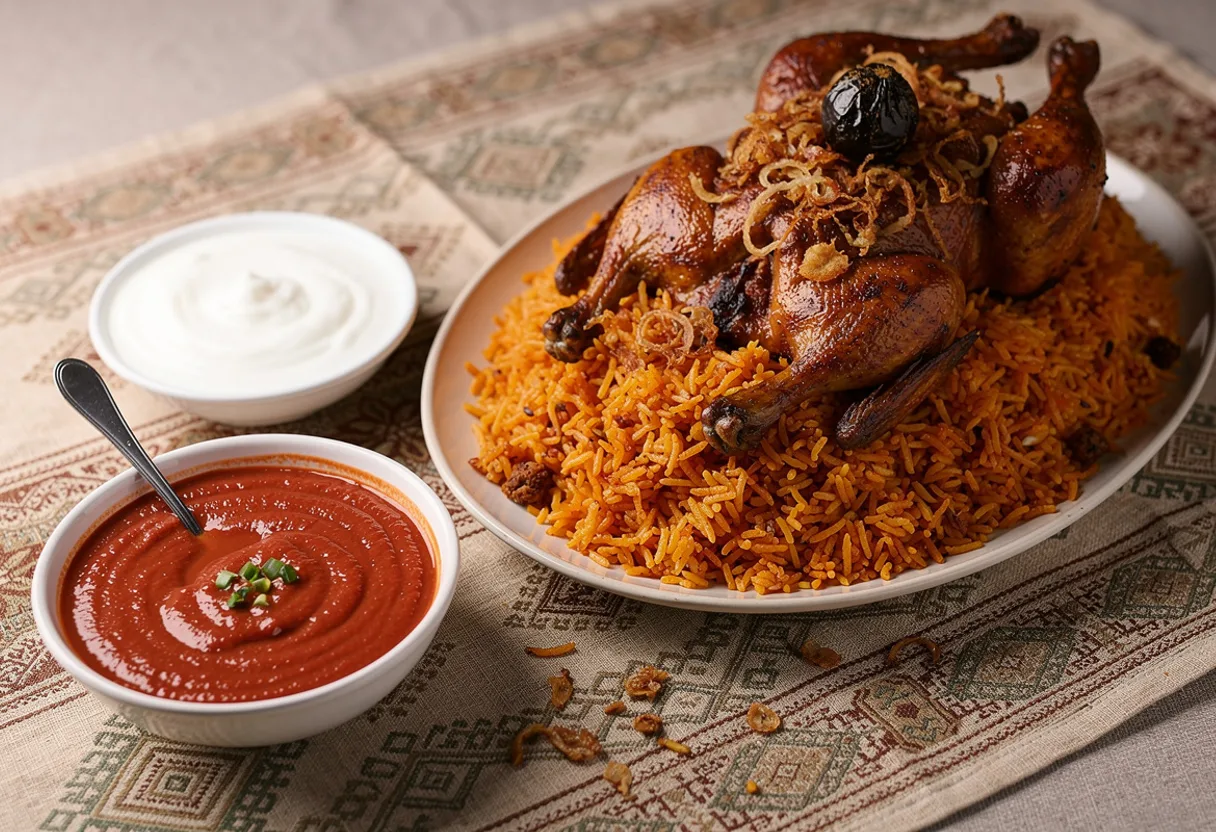 A small bowl of thick, deep red tomato and garlic sauce beside a platter of spiced rice and chicken