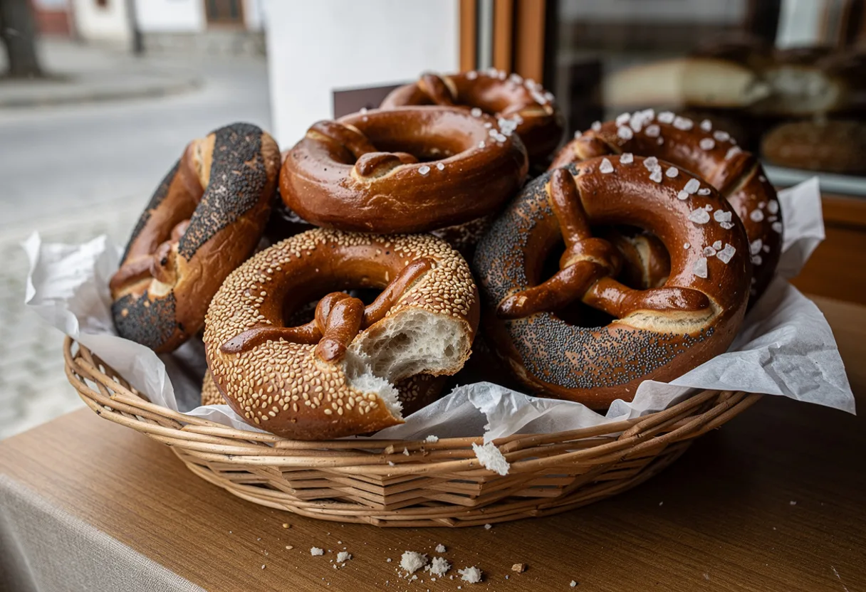 Golden shiny Romanian pretzel rings topped with sesame seeds, poppy seeds and coarse salt in a basket