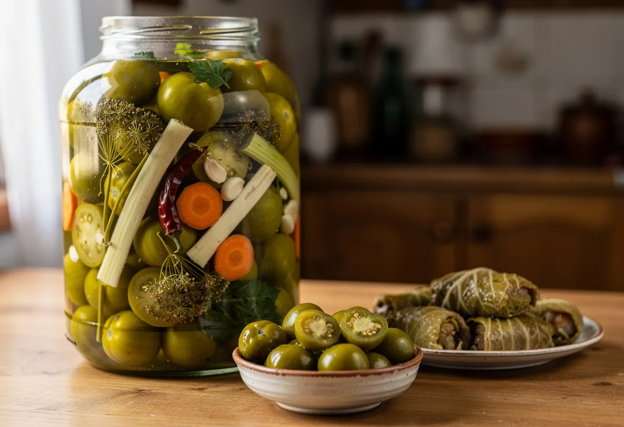 Large glass jar of small green tomatoes pickled in brine with dill, horseradish, garlic and carrot slices