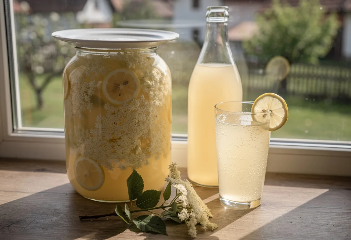 Large glass jar of pale elderflower drink with lemon slices and floating flowers standing in the sun