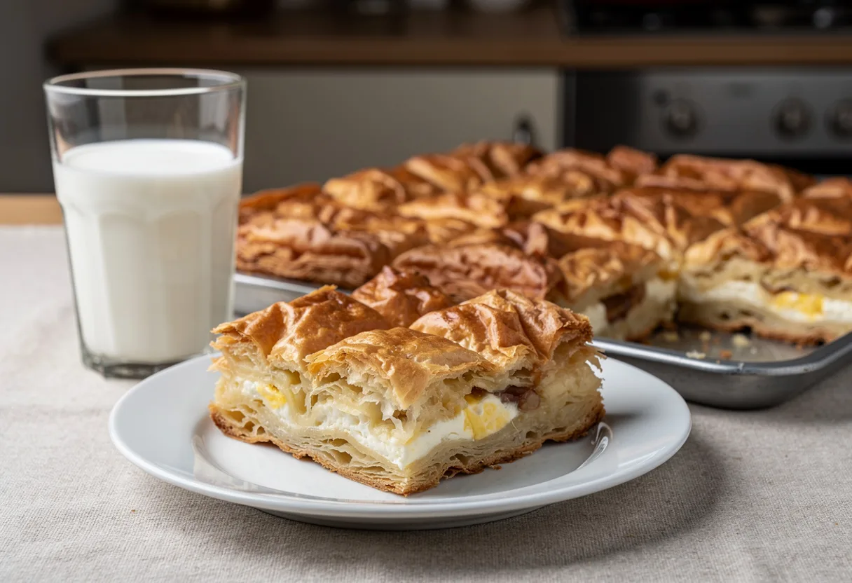 A square of golden, puffy Serbian cheese filo pie showing soft crumpled layers, beside a glass of yogurt