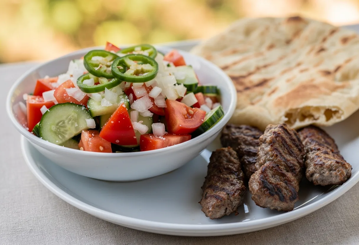 A bowl of diced red tomatoes, cucumber and onion with slices of green hot pepper, glistening with oil