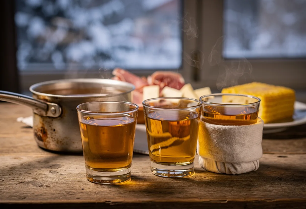Small thick glasses of steaming amber hot rakija on a wooden table with a small pot