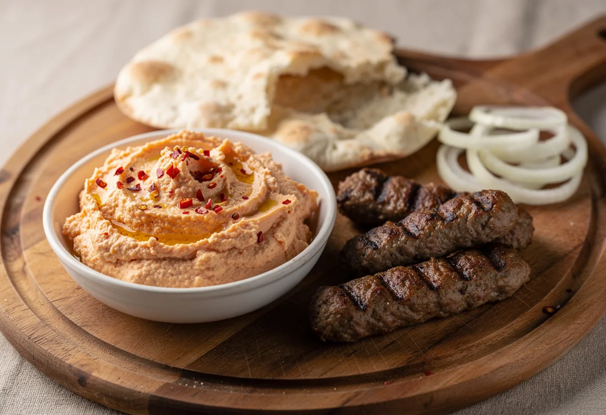 Bowl of rough pink-orange spicy cheese spread flecked with red chilli, beside grilled ćevapi and bread